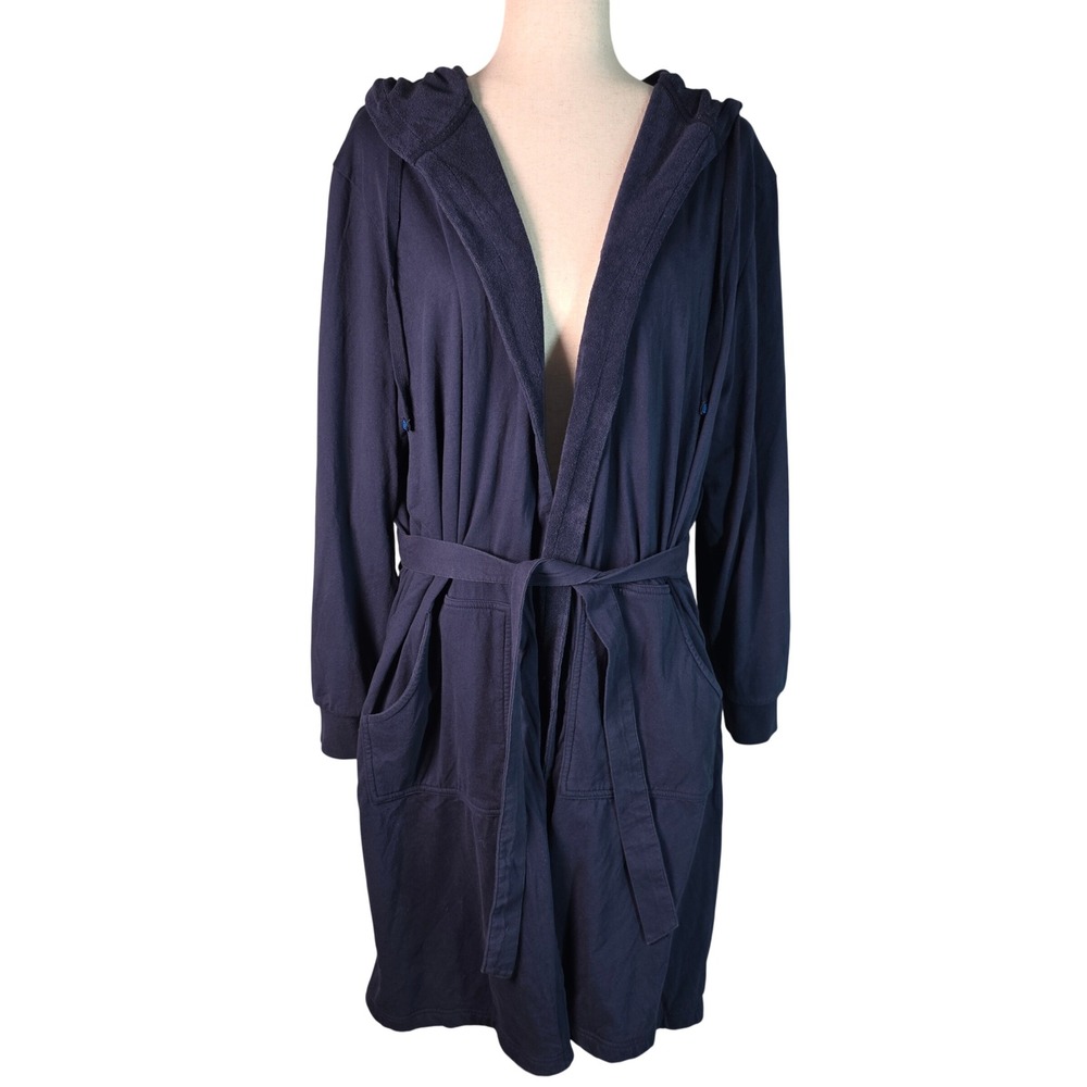 DudeRobe Mens Hooded Bathrobe Navy Blue Towel Lined Jersey Knit Size S/M